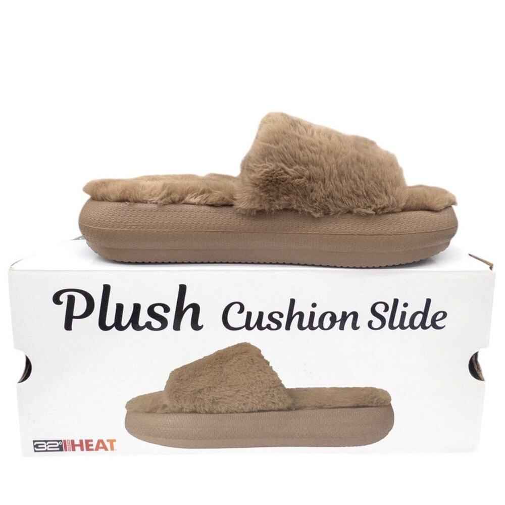 32 Degrees Platform Fur Slide Slippers Indoor Outdoor Tan Women's size 11 12